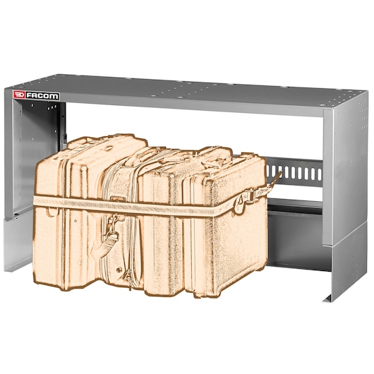Facom F50020024 metal storage shelf with reinforced frame, shown holding tool cases, front angle on white background.