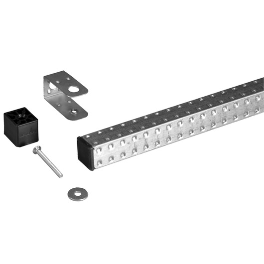 Facom F50020048 metal perforated mounting rail kit with bracket, bolt, washer, and plastic end cap, angled view.