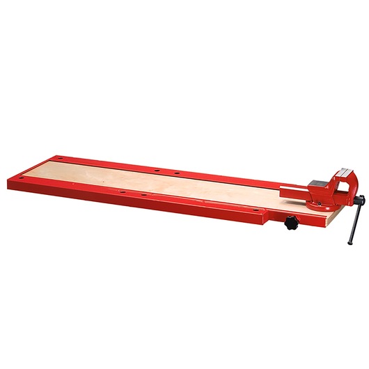 Facom F50020074 red and beige workbench top with metal vise, angled on white background.