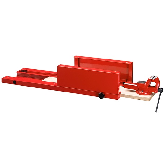 Facom F50020075 red metal vise mount with adjustable frame, shown on white background, side angle.