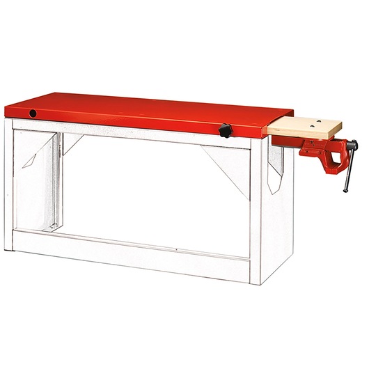 Facom F50020076 workshop bench with red top and metal frame, front angle, wood vise attached.