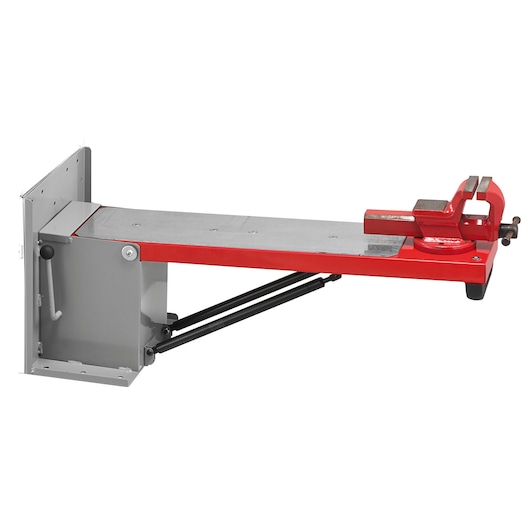 Facom F50020078 folding wall-mounted metal workbench with red vise, side angle, white background.