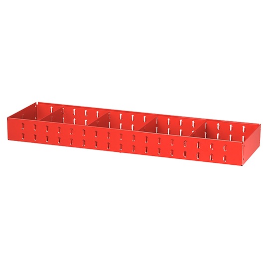 Facom F50030026 red metal storage tray with four compartments, front angle on white background.
