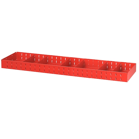 Facom F50030032 red metal drawer organizer tray with six compartments, side angle, white background.
