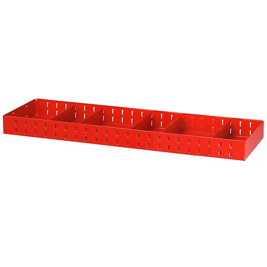 Facom F50030033 red metal storage tray with five sections, front angle, white background.