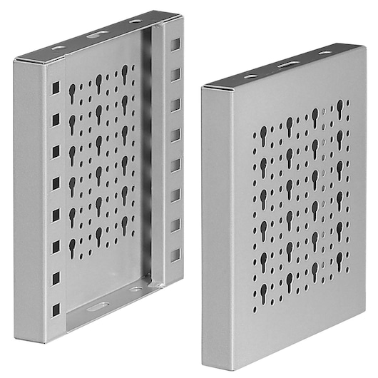 Facom F50030050 metal wall bracket set with keyhole slots, shown from front and side angles on white background.