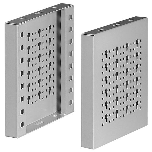 Facom F50030053 metal wall mounting brackets with perforated panel, shown from front and side angle on white.