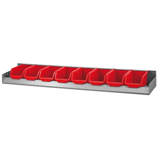 Facom F50030074 metal rack with eight red plastic storage bins, front angle photo, tool organizer.