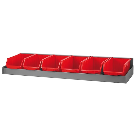 Facom wall-mounted rack with six red plastic storage bins, gray metal base, front angle F50030077.