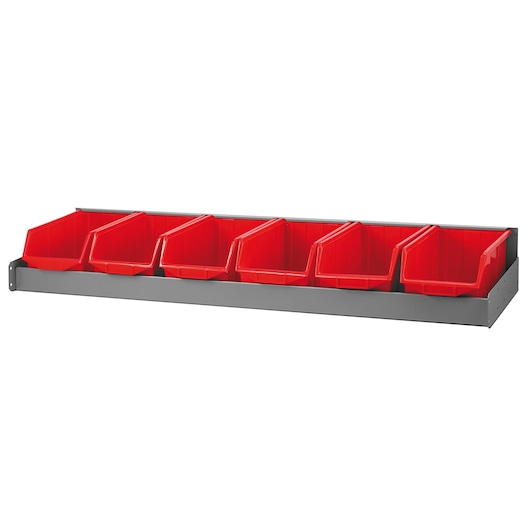 Facom F50030078 wall-mounted storage rack with six red bins, side angle, photography on white background.