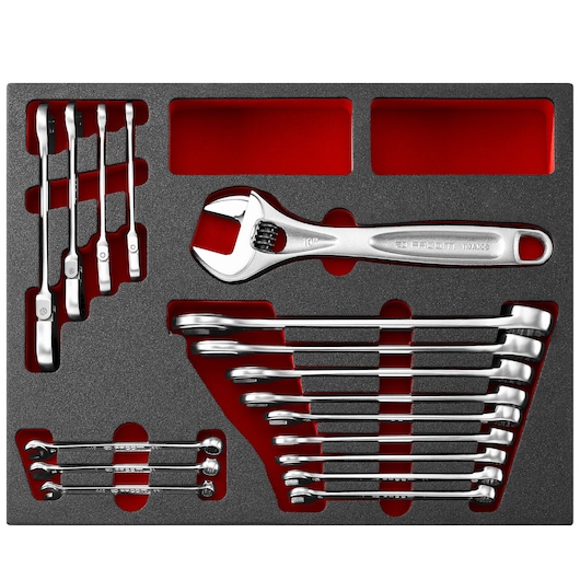 Facom F50031047 wrench and spanner set in foam tray, top view on white background.