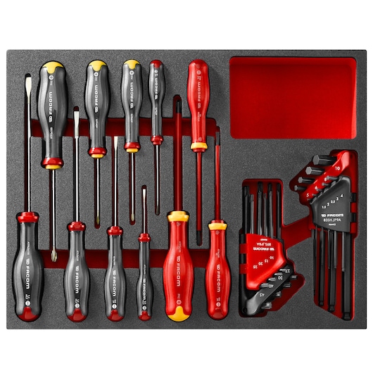 Facom F50031049 screwdriver and hex key set in foam tray, top view, with black and red handles.