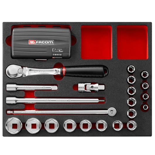 Facom socket and ratchet tool set F50031051 in foam tray, photography, top view on white background.