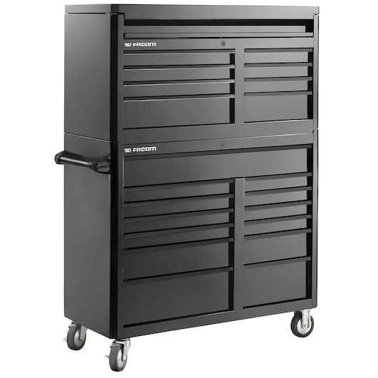 Photo of Facom FAS_13BK black rolling tool chest with multiple drawers, side handle, and casters, front angle.