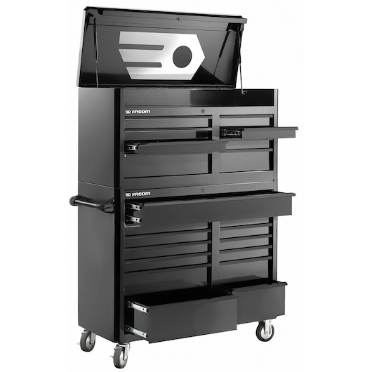 Facom FAS_13BK black tool chest with multiple open drawers, side handle, and lockable top, angled right on white.