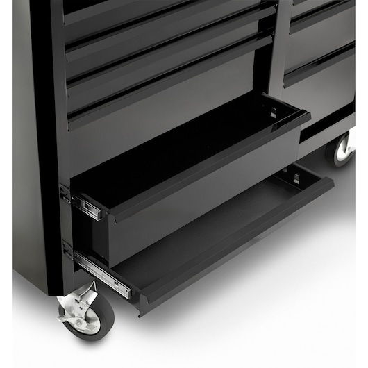Facom FAS_13BK black tool chest with open drawers, caster wheels visible, angled on white background.