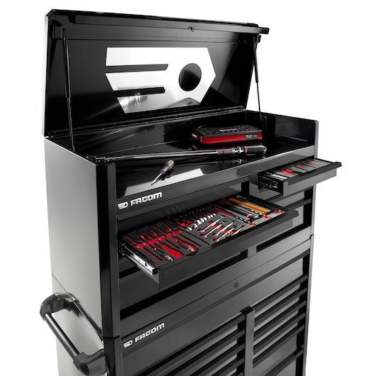 Facom FAS_21BK tool chest with opened top and drawers, displaying organized hand tools, front angle.