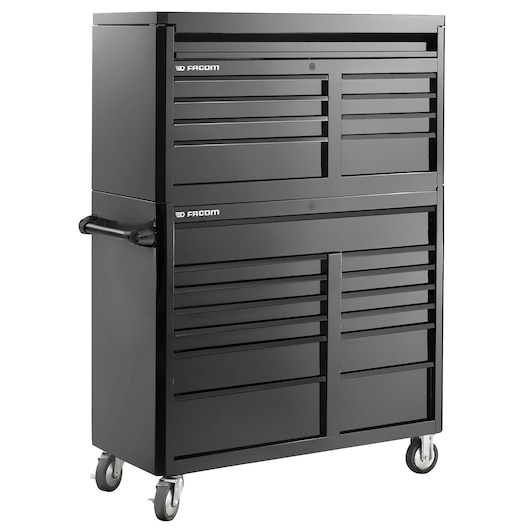 Facom FAS_C8BK black mobile tool chest with multiple drawers, top and side handles, front angle, white background.