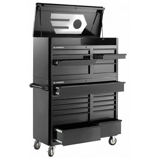 Facom FAS_C8BK black rolling tool chest with multiple open drawers, photographed at angle on white background.