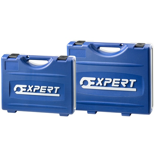 Two blue plastic tool cases with handles and black clasps, featuring the 'Expert' logo in white on the front.