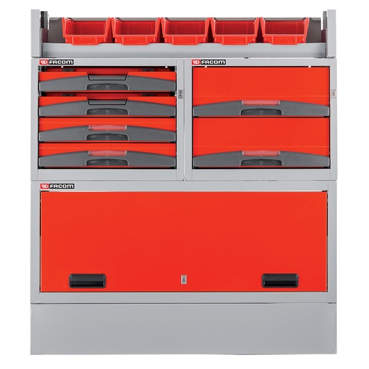 Facom branded storage cabinet with multiple red and grey drawers, a large compartment at the bottom, and red bin organizers on top.