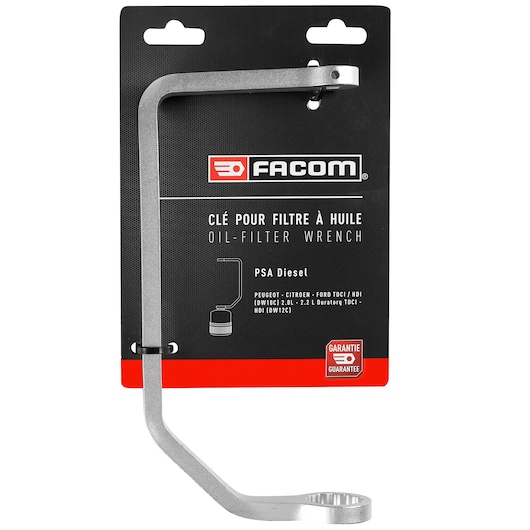 Facom FW.D163-27PB oil-filter wrench, silver metal, L-shaped, on black and red packaging, front angle.
