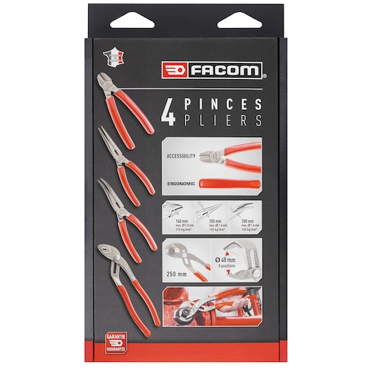 Photo of Facom GJP.A4PB pliers set packaging showing four red-handled pliers with product features and specifications.