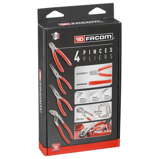 Facom GJP.A4PB pliers set, 4 pieces with red handles, product packaging front angle, tool set category.