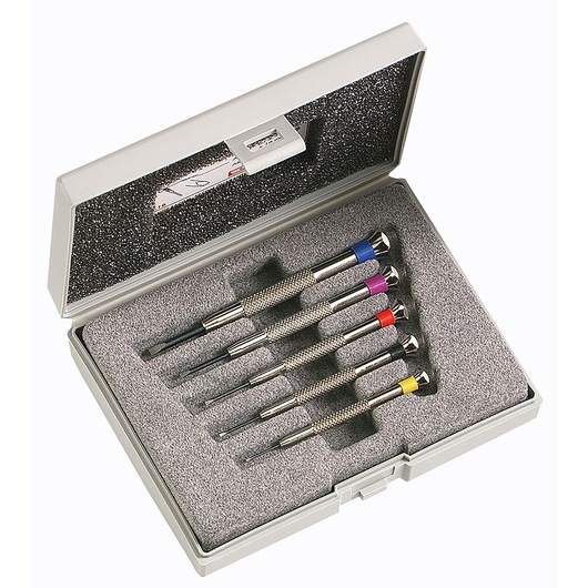 Facom HB1B precision screwdriver set in foam case, five tools with colored bands, top view.