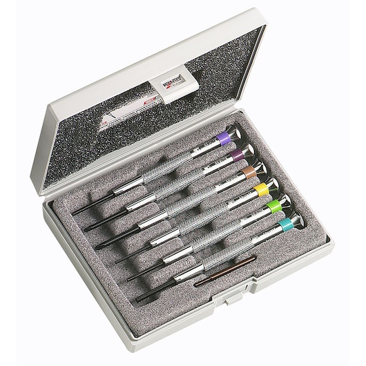 Facom HB2B precision screwdriver set with colored caps in foam case, top angle photo.