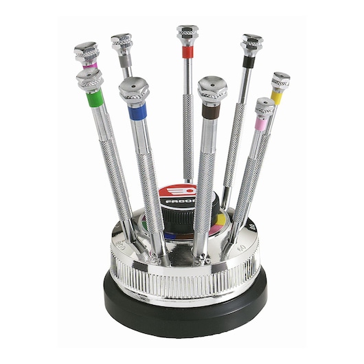 Facom HB4 precision screwdriver set with color-coded handles in a metal rotating stand, white background.