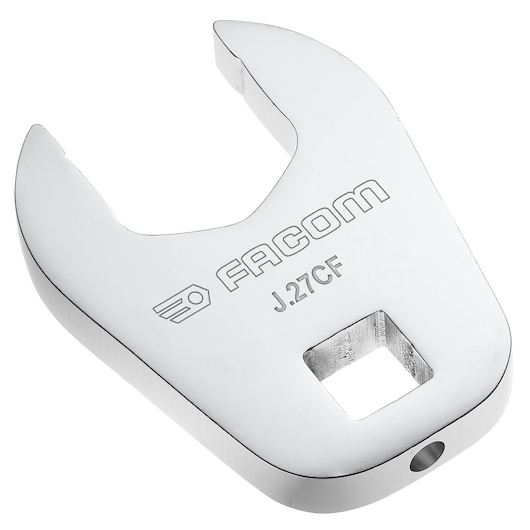 Photo of Facom J_12CF open-end spanner head, chrome finish, angled view on white background.