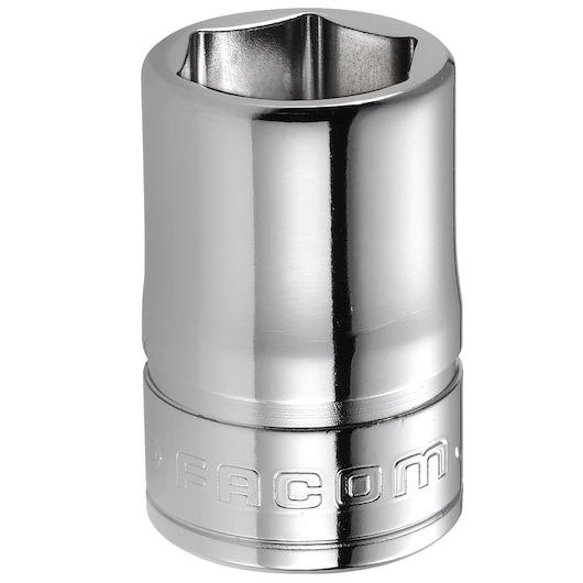 Facom J_12H chrome socket, hex design, side view on white background.