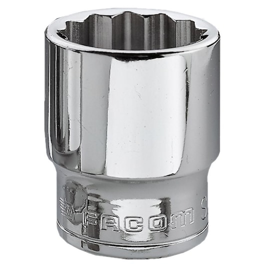 Facom J_12 chrome socket, hex drive, close-up photo on white background.