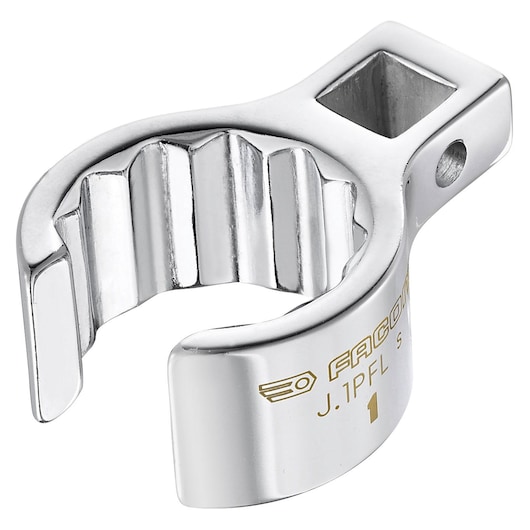 Facom J.13/16FL chrome open-end crowfoot wrench photographed on white background, angled view.