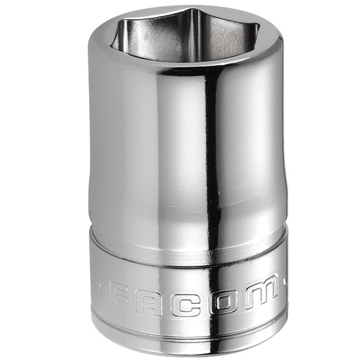 Photo of Facom J_14H chrome six-point socket, straight-on angle, engraved Facom branding.