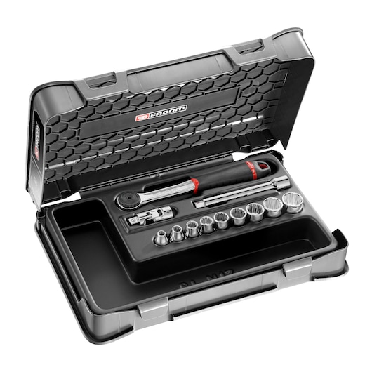 Facom J161-1P12U socket wrench set in black case, open to show ratchet, sockets, and accessories, front angle.