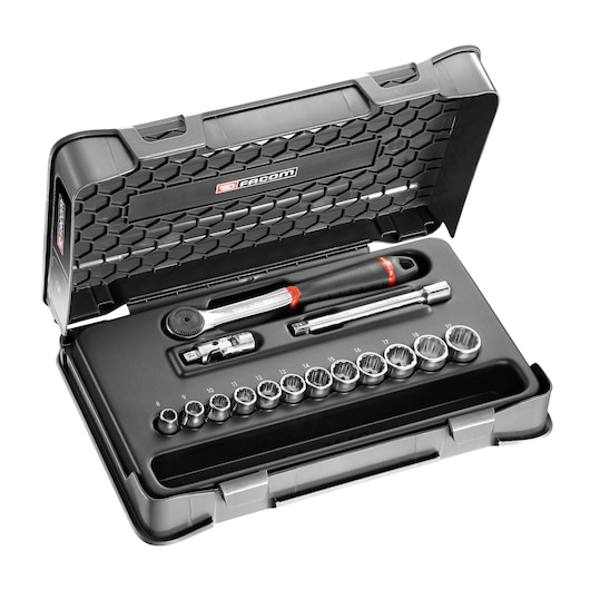 Facom J_161-1P12 socket wrench set in black plastic case, photo from angle showing open lid.