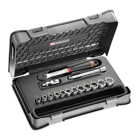 Facom J161-1P6 socket wrench set with ratchet handle, extension, and sockets in black hard case, angled view.