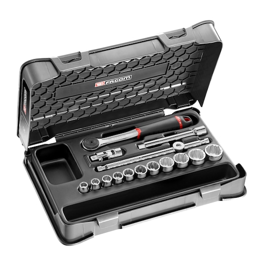Facom socket wrench set with ratchet and multiple sockets in black case, SKU J_161-2P12U, angled view.