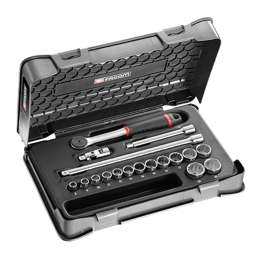 Facom J161-2P12 socket wrench set with 12 metric sockets and accessories in black hard case, angled view.