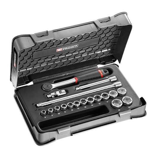 Facom J161-2P6 socket wrench set with ratchet, extensions, and sockets in open black case, front angle.