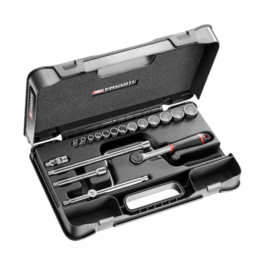 Facom socket and ratchet set J_161-3P12U in black plastic case, angled view, assorted sockets and accessories.