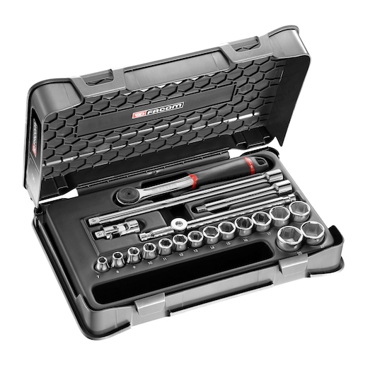Facom J161-3P6 socket set in black hard case, open to show ratchet, sockets, and accessories, top-down angle.