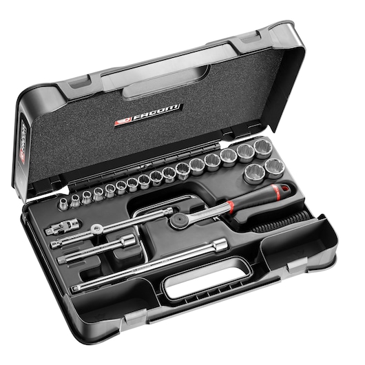Facom J_161-4P12 socket wrench set in black plastic case, angled view, featuring multiple sockets and ratchet.
