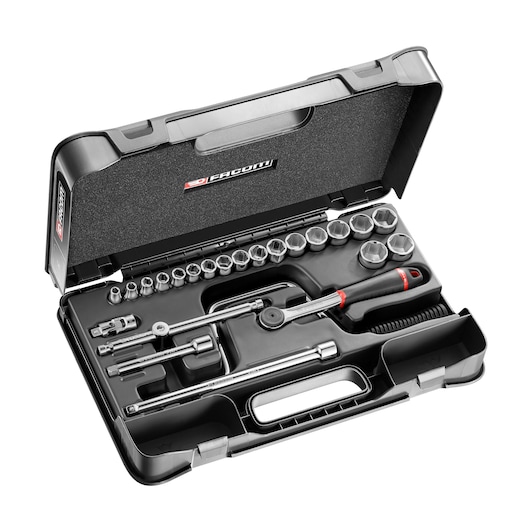 Facom socket wrench set in black case, open top view, tools organized, SKU J_161-4P6.