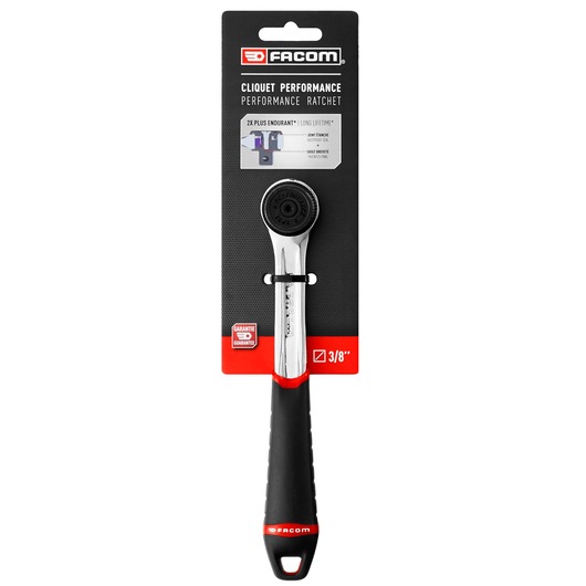 Photo of Facom J.161BPB 3/8 inch performance ratchet in retail packaging, black and red handle, front angle.