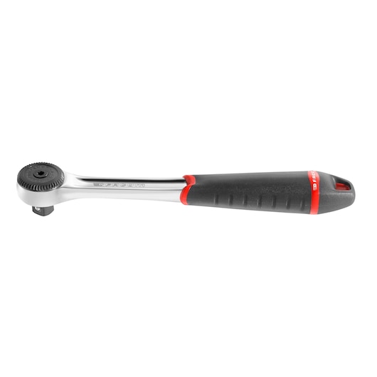 Photo of Facom J161B ratchet wrench with black and red ergonomic handle, side angle on white background.