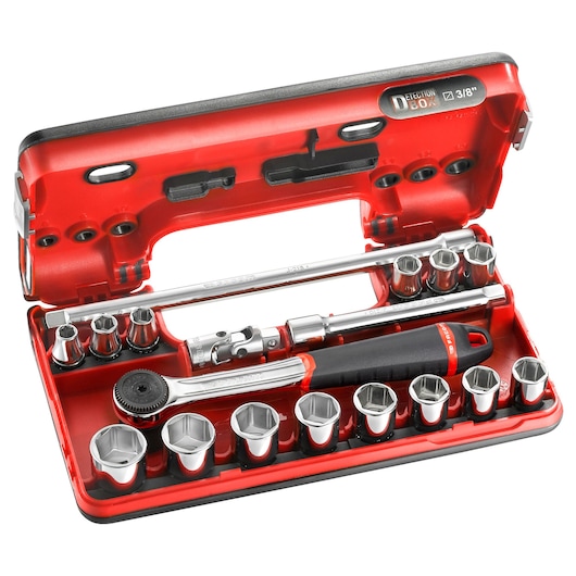 Facom J_161DBOX1 socket wrench set in red and black case, top angle, includes ratchet and sockets.