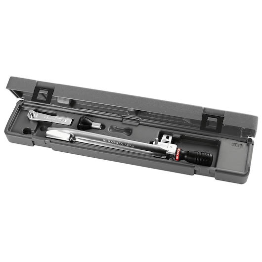 Facom torque wrench set J_203A in hard plastic case, includes wrench and accessories, angled view on white background.